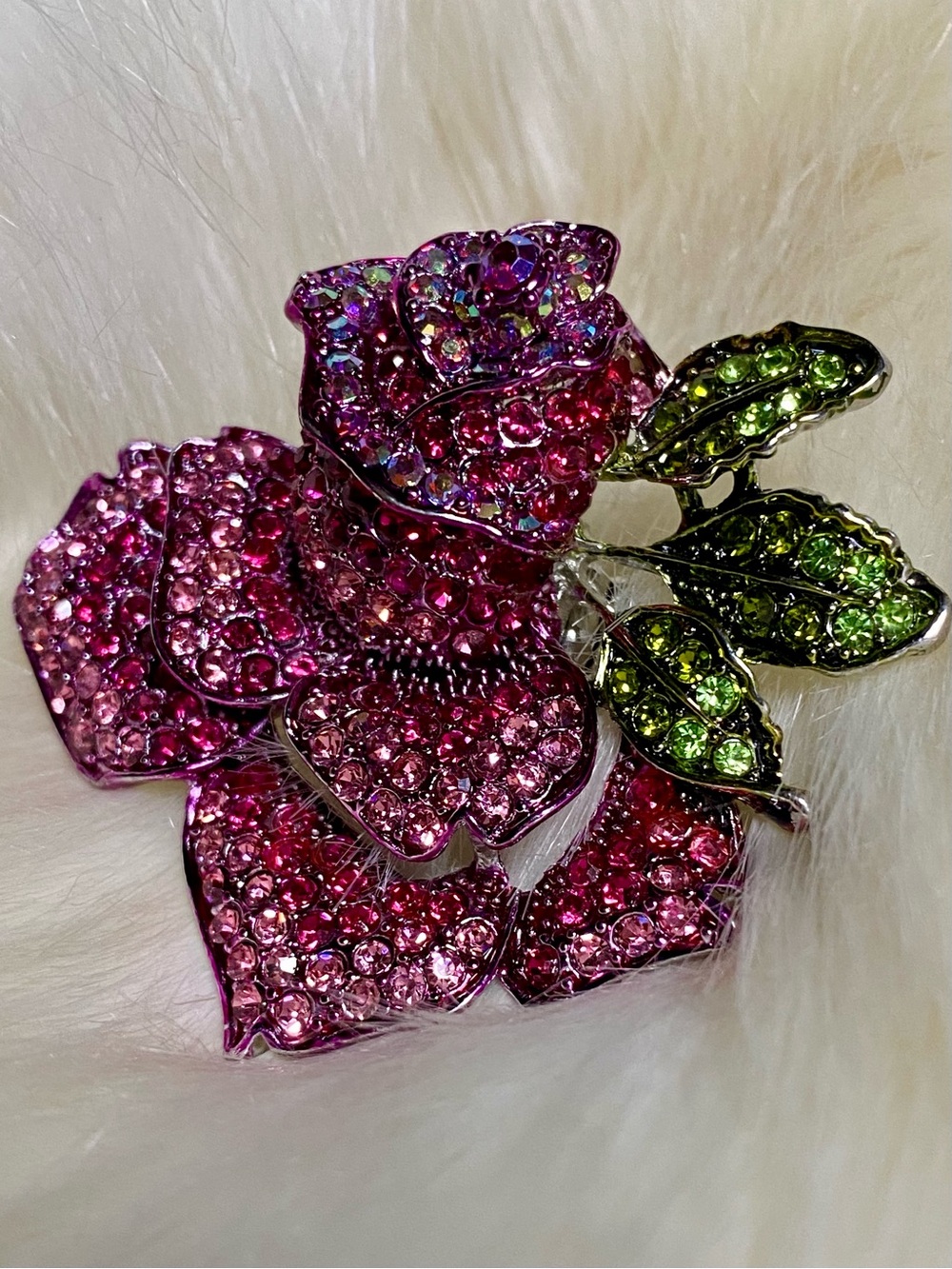 Pink Crystal Rose Ring with Green Crystal Leaves